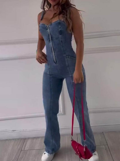 Elegant Sleeveless Denim Jumpsuit with Patchwork Design - Full-Length Fit - Buy Center US