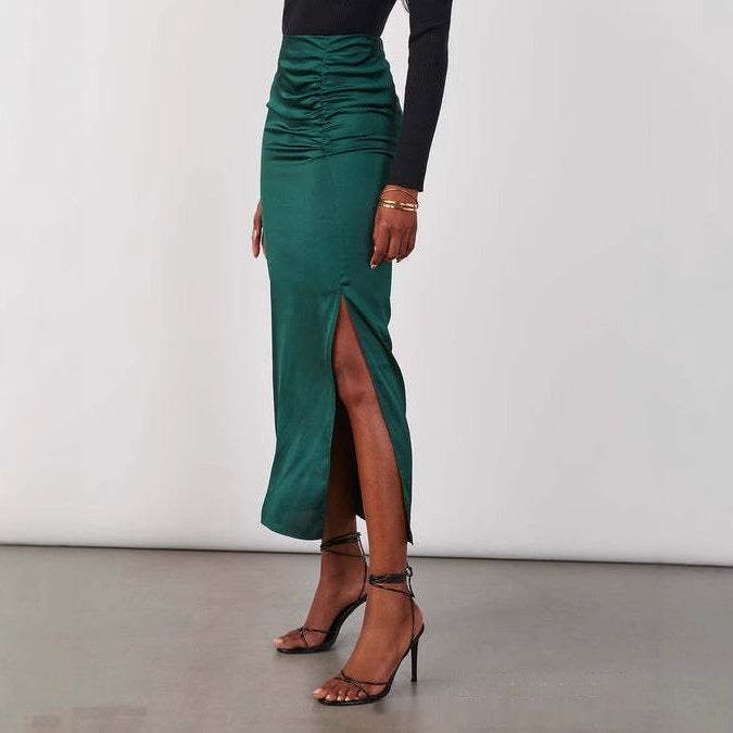 Elegant Satin Sheath Dress with Draping - Available in Black, Wine Red, Peacock Green - Buy Center US