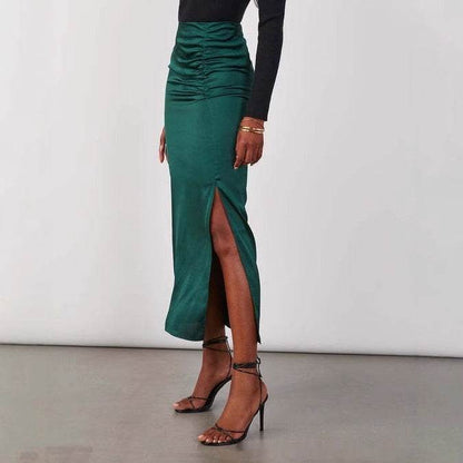Elegant Satin Sheath Dress with Draping - Available in Black, Wine Red, Peacock Green - Buy Center US