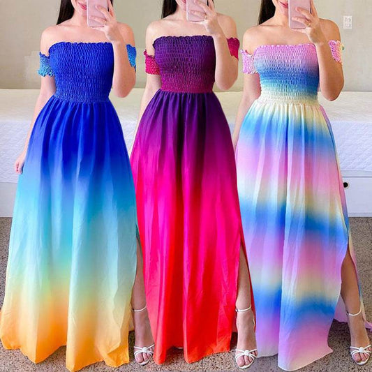 Off-Shoulder Printed Butterfly Dress - Rainbow Colors & Swing Style - Buy Center US