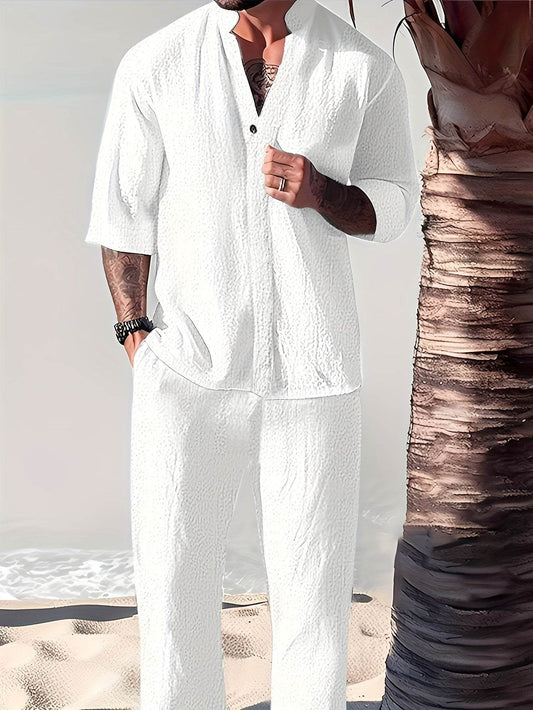 Men's Casual Pure White Print Shirt - All-Season Stand-up Collar Style - Buy Center US