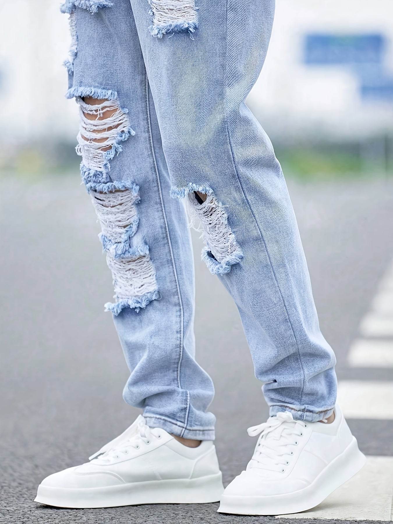 Men's Distressed Denim Jeans - Casual Ripped Light Blue Comfort Fit - Buy Center US