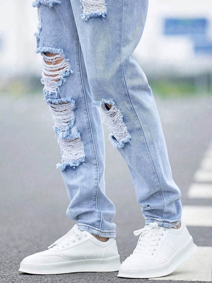 Men's Distressed Denim Jeans - Casual Ripped Light Blue Comfort Fit - Buy Center US