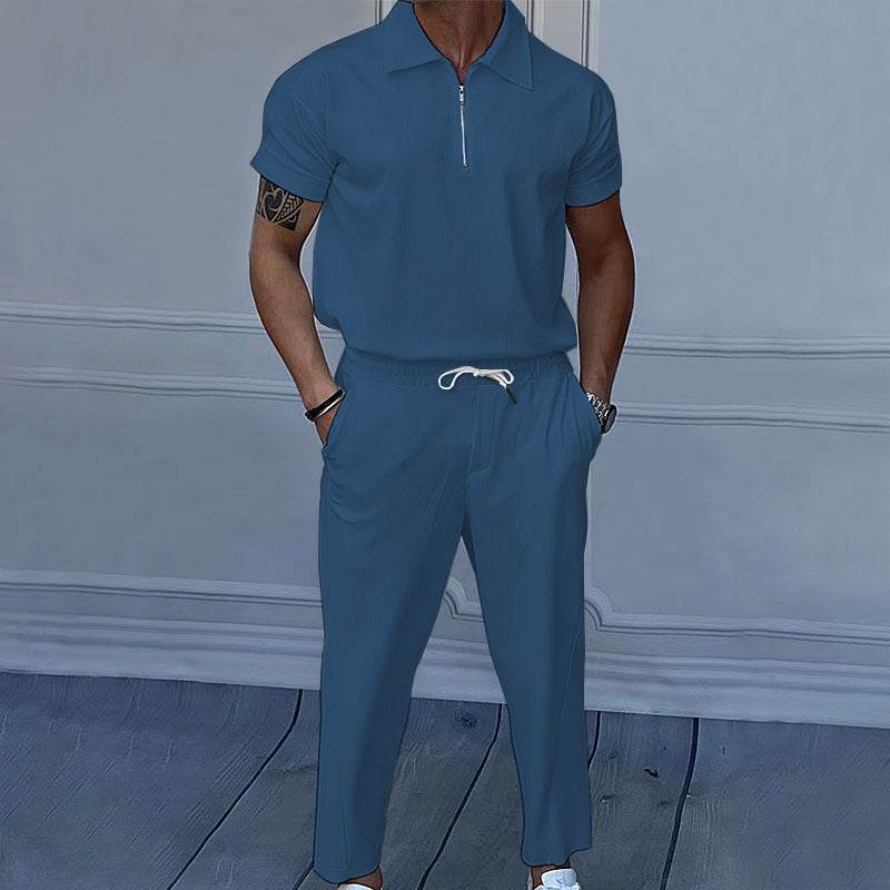 Stylish Men's Polo Collar Trousers Suit - Short Sleeve, Solid Colors - Buy Center US