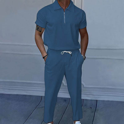 Stylish Men's Polo Collar Trousers Suit - Short Sleeve, Solid Colors - Buy Center US