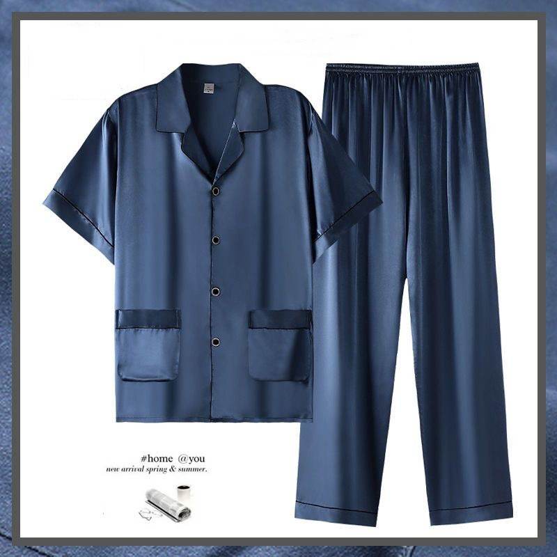 Buycenter Men's Summer Short Sleeve Trousers Suit - Thin Ice Silk Homewear - Buy Center US