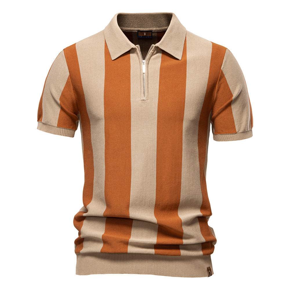 Men’s Short-Sleeved Woolen Polo Shirt - Striped Design in Dark Blue & Khaki - Buy Center US