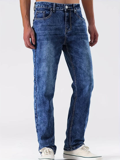 Stylish Men's Washed Blue Jeans - Stretchy Denim for Casual Wear - Buy Center US