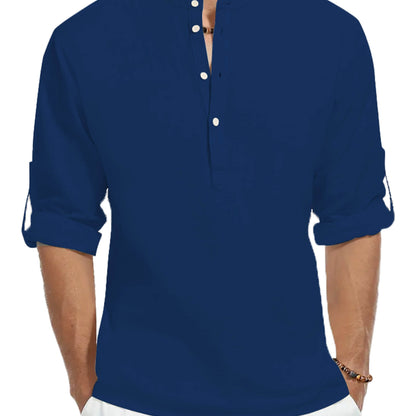 Men's 100% Cotton Long Sleeve Shirt - Casual Solid Color Stand Collar - Buy Center US