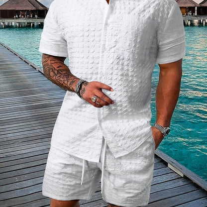 Casual Men's 2pcs Summer Suit - Checkered Short-Sleeve Shirt & Shorts - Buy Center US