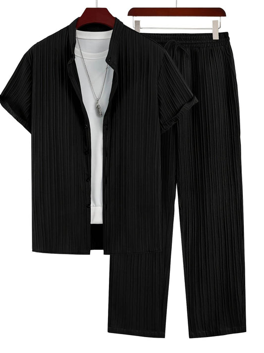 Men's Casual Spring/Summer Textured Stripe Short Sleeve Pants Set - Buy Center US
