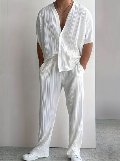Men's Casual Two-Piece Set - V-Neck Button-Up Shirt & Drawstring Pants - Buy Center US