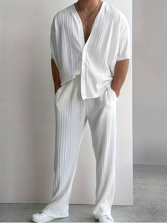 Men's Casual Two-Piece Set - V-Neck Button-Up Shirt & Drawstring Pants - Buy Center US