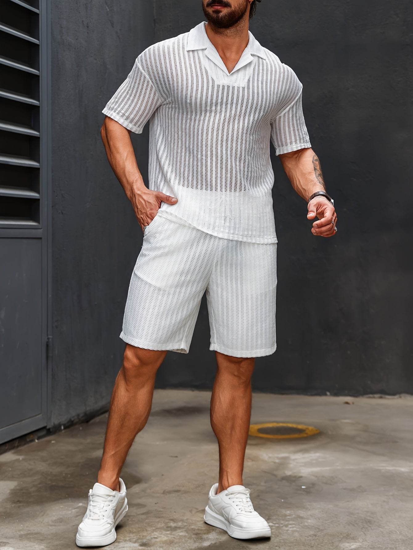 Men's Striped Crochet Knit Polo & Shorts Set - Casual Summer Vacay Style - Buy Center US