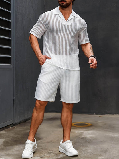 Men's Striped Crochet Knit Polo & Shorts Set - Casual Summer Vacay Style - Buy Center US