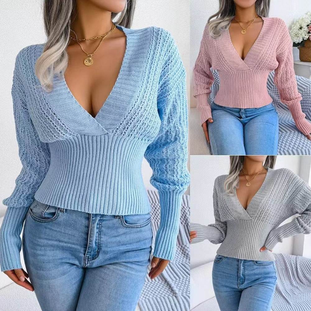 Women's Hollow-Out V-Neck Sweater - Batwing Sleeve, Free Size - Buy Center US