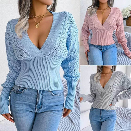 Women's Hollow-Out V-Neck Sweater - Batwing Sleeve, Free Size - Buy Center US