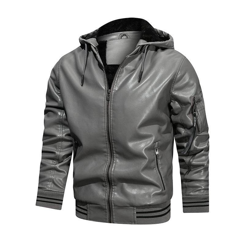 Buycenter Men's Hooded Leather Jacket - Multi-Pocket Casual Style - Buy Center US