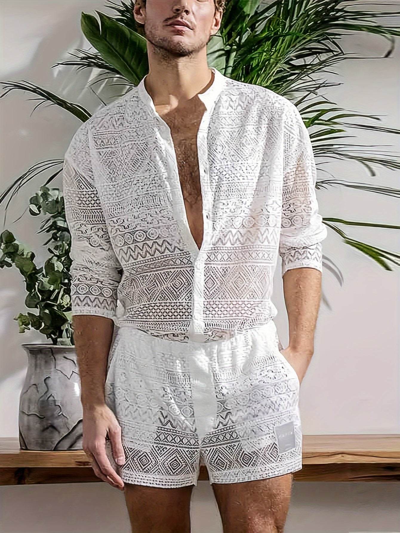 Men's Lace Sheer 2-Piece Shirt and Shorts Set - Sexy Summer Outfit - Buy Center US