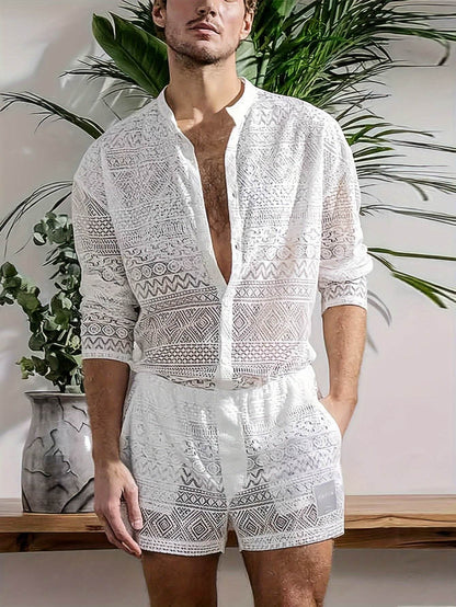 Men's Lace Sheer 2-Piece Shirt and Shorts Set - Sexy Summer Outfit - Buy Center US