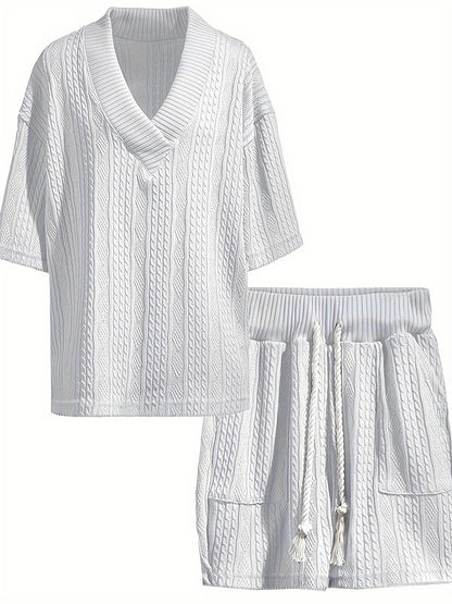 2024 Men's Summer Jacquard Leisure Suit - Short Sleeve V-Neck Two-Piece - Buy Center US