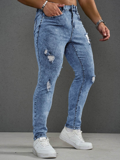 Men’s Slim Fit Distressed Jeans - Stretch Ripped Denim, Light Blue Casual Style - Buy Center US