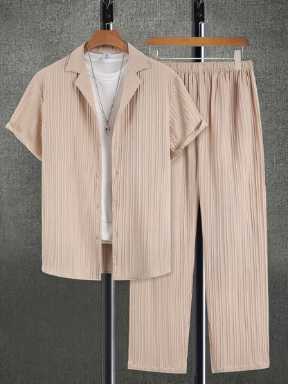 Men's Casual Plaid Suit Set - Short Sleeve Lapel Shirt & Pants - Buy Center US