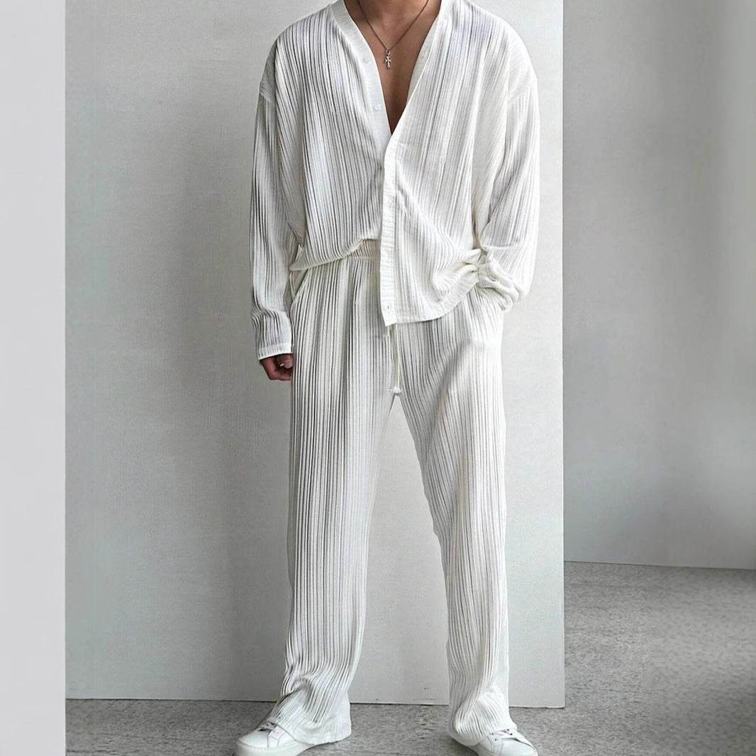 Buycenter Men's Casual Button Shirt & Trousers Suit - Long Sleeve Elegance - Buy Center US