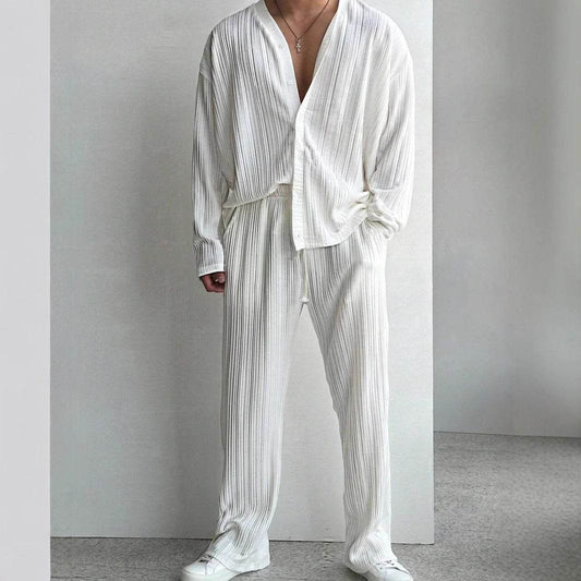 Buycenter Men's Casual Button Shirt & Trousers Suit - Long Sleeve Elegance - Buy Center US