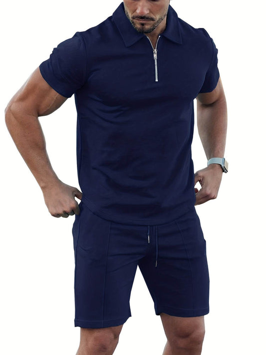 Men's 2-Piece Solid Color Sports Suit - Zip-Up Shirt & Drawstring Shorts - Buy Center US