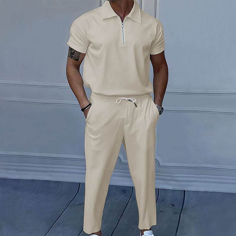 Stylish Men's Polo Collar Trousers Suit - Short Sleeve, Solid Colors - Buy Center US