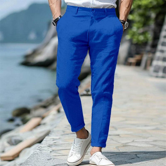 Men's Linen Summer Trousers - Button Front, Slant Pockets, Straight-Leg - Buy Center US