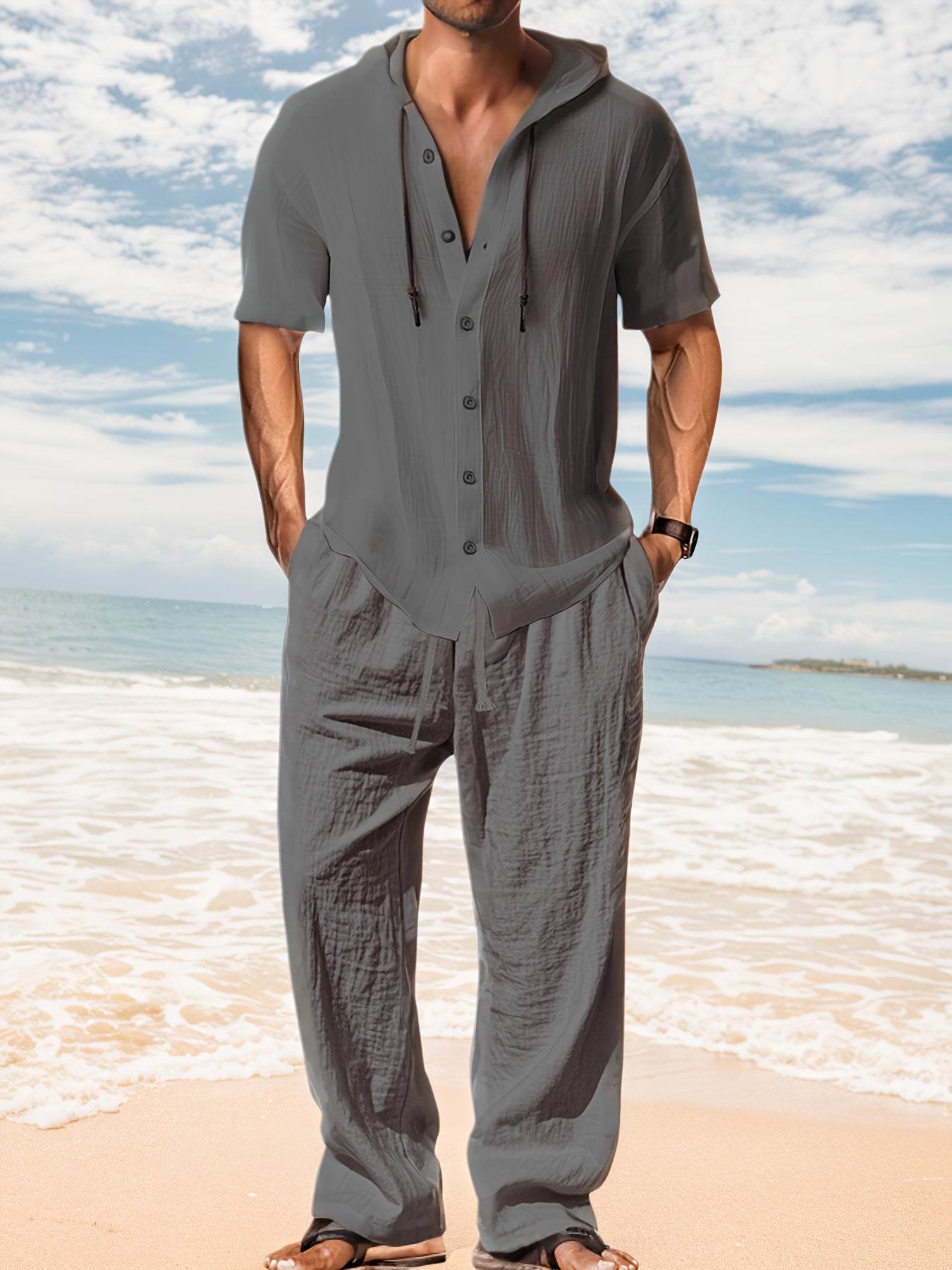 Men's Lightweight Linen Blend Hoodie & Pants Set - Quick-Dry, Regular Fit - Buy Center US