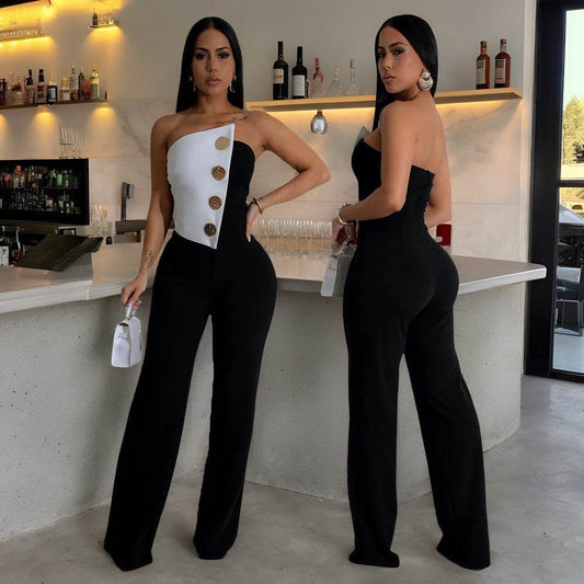Women's Black and White Button Jumpsuit - Stylish Commuter Outfit - Buy Center US