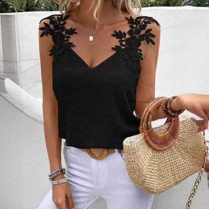 Women's Solid Color V-Neck Sling Top - Casual Patchwork Loose Fit - Buy Center US