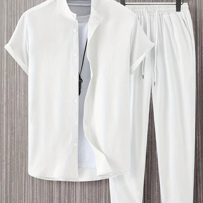 Stylish Men’s Solid Color Casual Shirt & Trouser Set - Perfect for Outings - Buy Center US