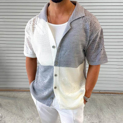 Men's Color Blocking Hollow Knit Sweater - Slim Fit Cardigan for Summer - Buy Center US