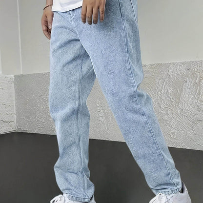 Men's Denim Jeans - Fashionable Light Blue Straight-Leg Style with Pockets - Buy Center US