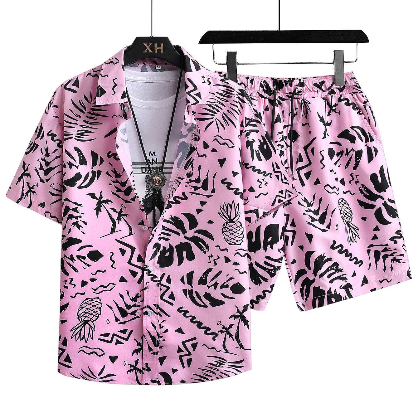 Buycenter Men's Hawaiian Beach Shirt Suit - Casual Pink Print Set - Buy Center US