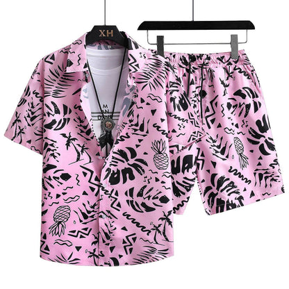 Buycenter Men's Hawaiian Beach Shirt Suit - Casual Pink Print Set - Buy Center US