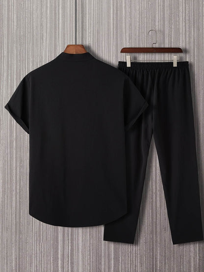 Stylish Men’s Solid Color Casual Shirt & Trouser Set - Perfect for Outings - Buy Center US