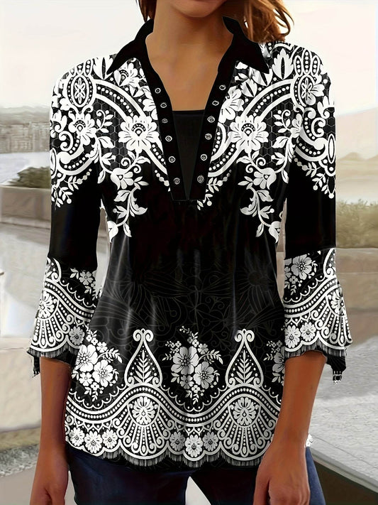 Spring Autumn Printed Lapel T-Shirt - Three-Quarter Sleeve Design - Buy Center US