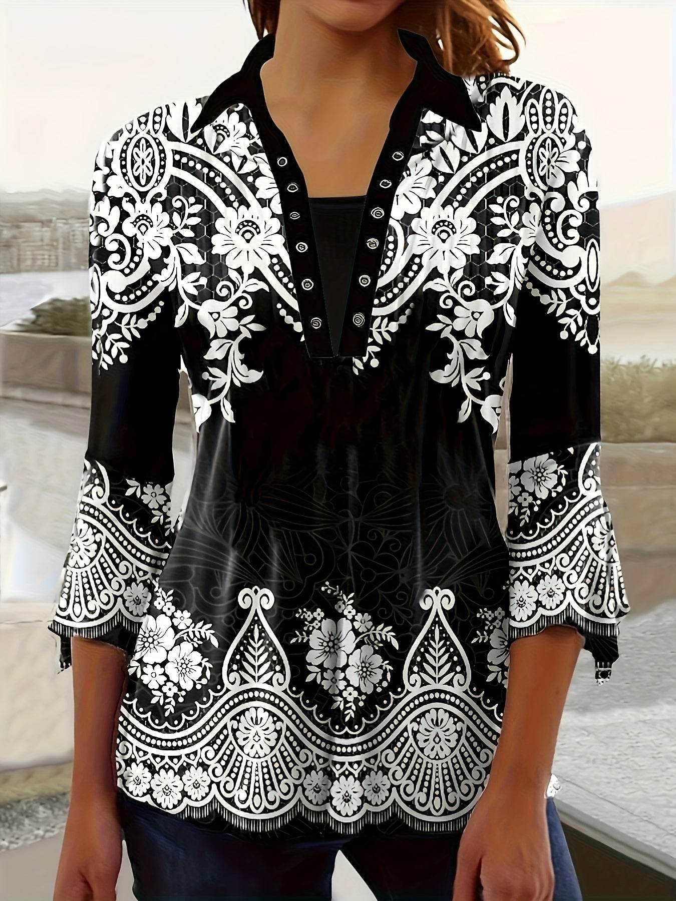 Spring Autumn Printed Lapel T-Shirt - Three-Quarter Sleeve Design - Buy Center US