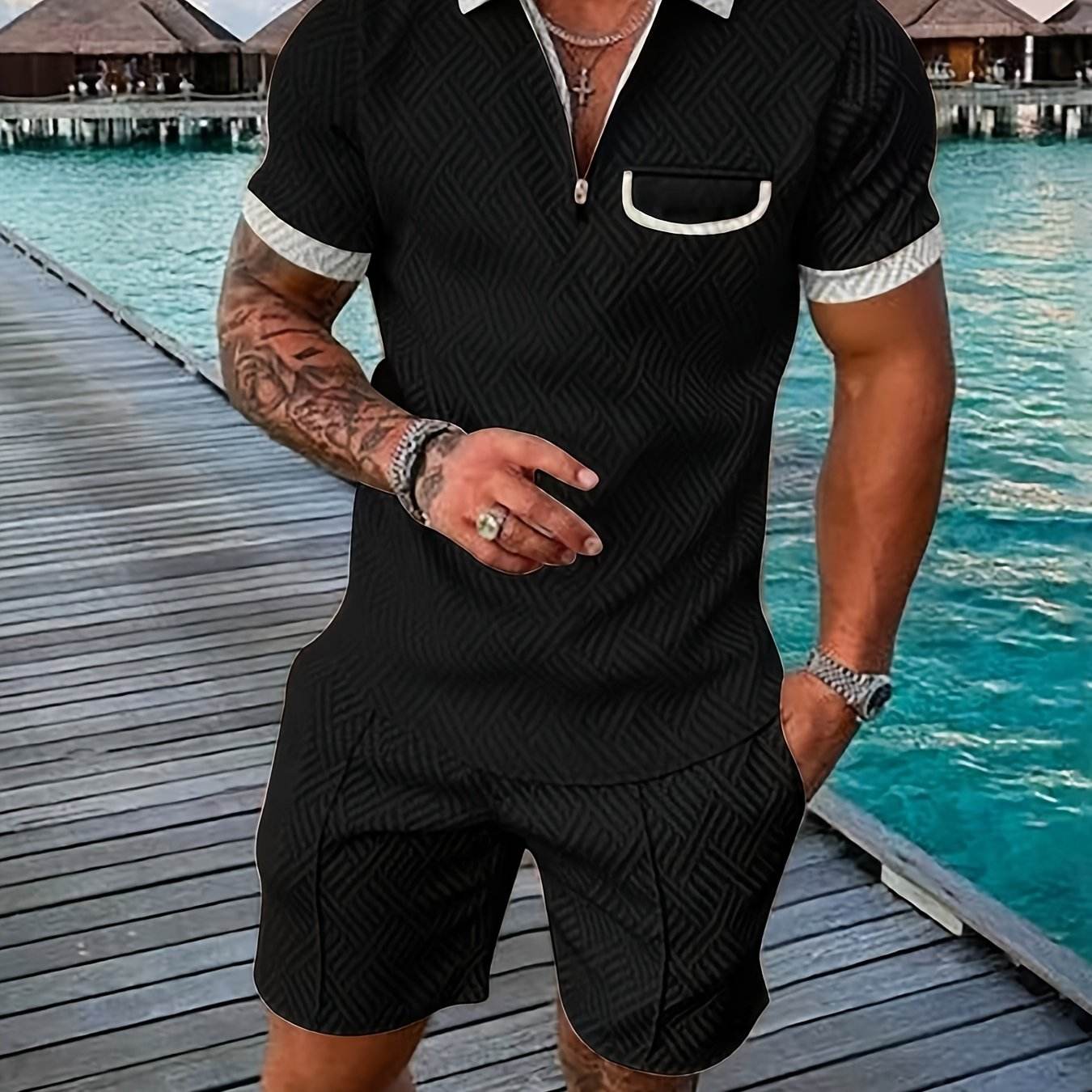 Men's Casual Knee-Length Kurta and Shorts Set - Breathable Polyester, Stylish - Buy Center US