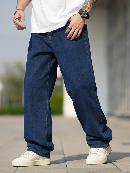 Men's Loose Fit Straight Leg Jeans - Washed Blue, All-Season Comfort - Buy Center US