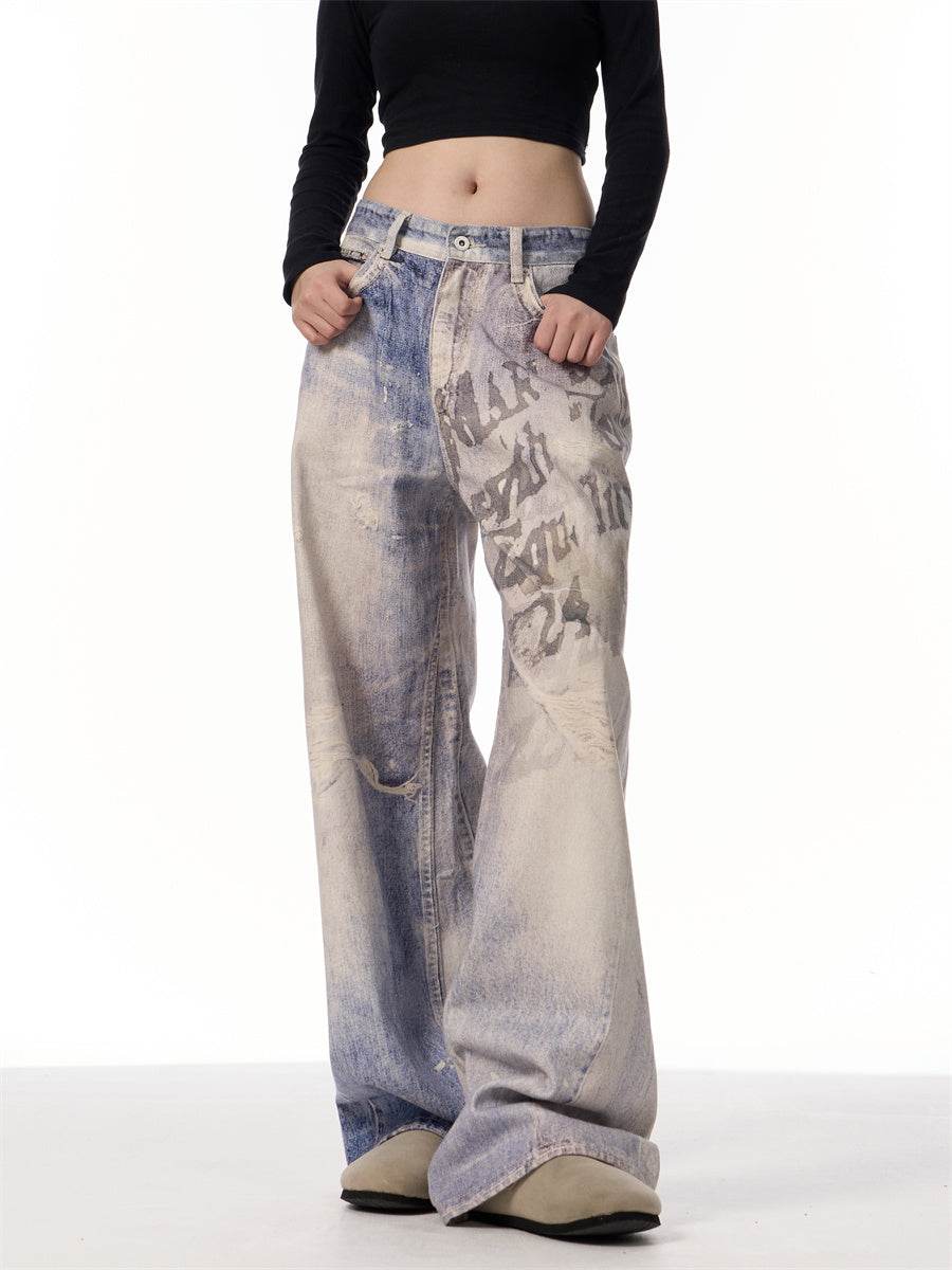 3D Printed Gradient Letter Jeans - Wide Leg Denim Pants for All Sizes - Buy Center US