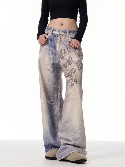3D Printed Gradient Letter Jeans - Wide Leg Denim Pants for All Sizes - Buy Center US