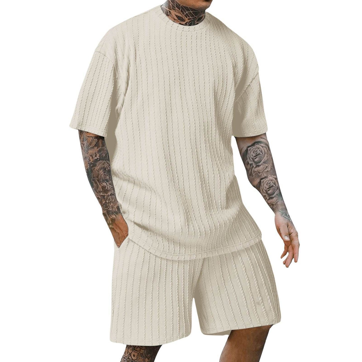 Buycenter Men's Sports Two-Piece Set - Solid Color Round Neck Shorts - Buy Center US