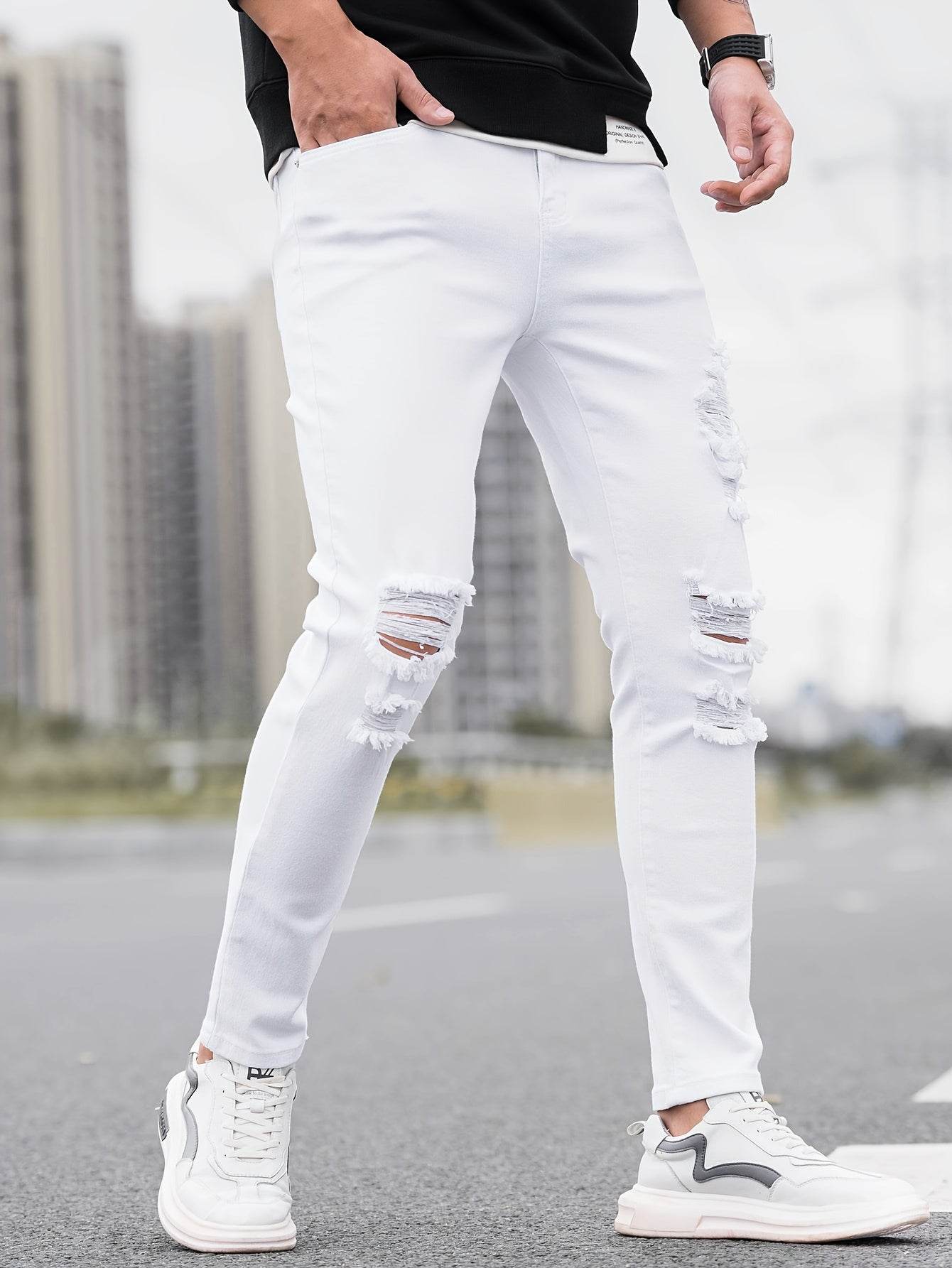 Men's Ripped Skinny Jeans - Stretch Denim Casual Wear | Distressed White/Black - Buy Center US