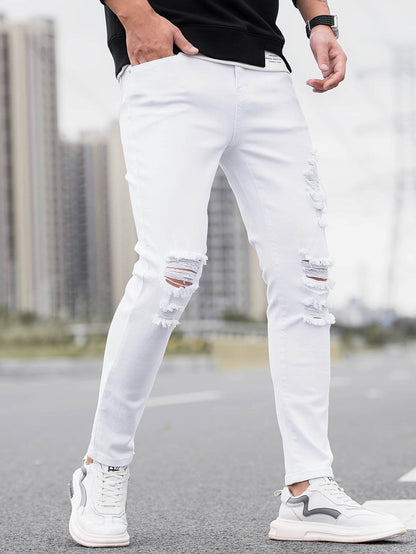 Men's Ripped Skinny Jeans - Stretch Denim Casual Wear | Distressed White/Black - Buy Center US